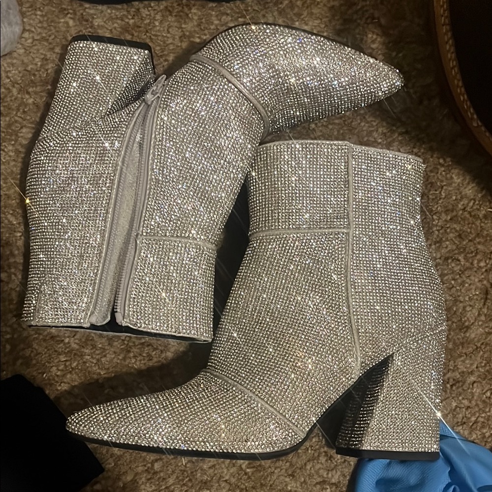 Silver Glitter Ankle Boots with Block Heel